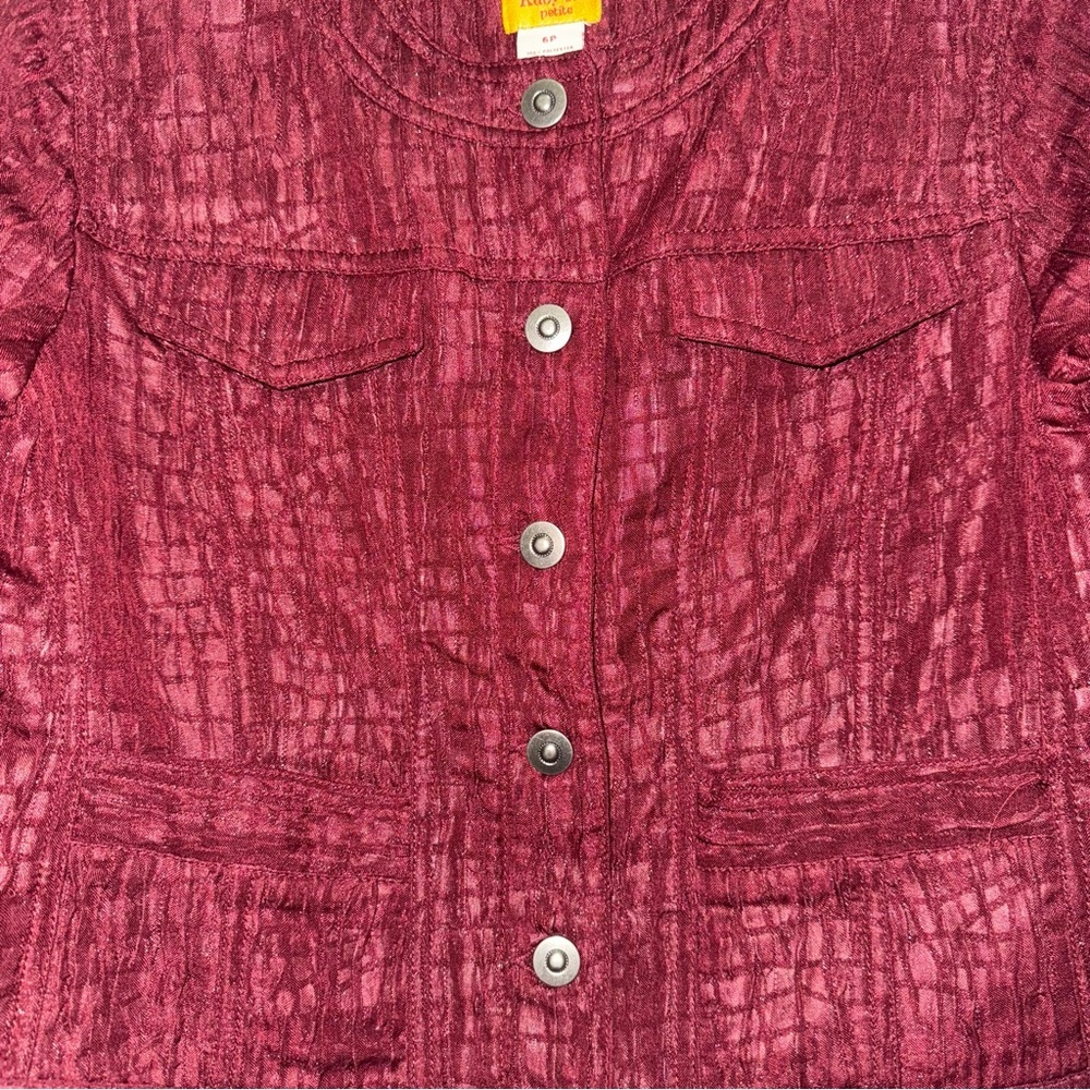 Ruby Rd. Deep Red Petite Crop Style Textured Button Up Denim Style Jacket - Picture 4 of 7